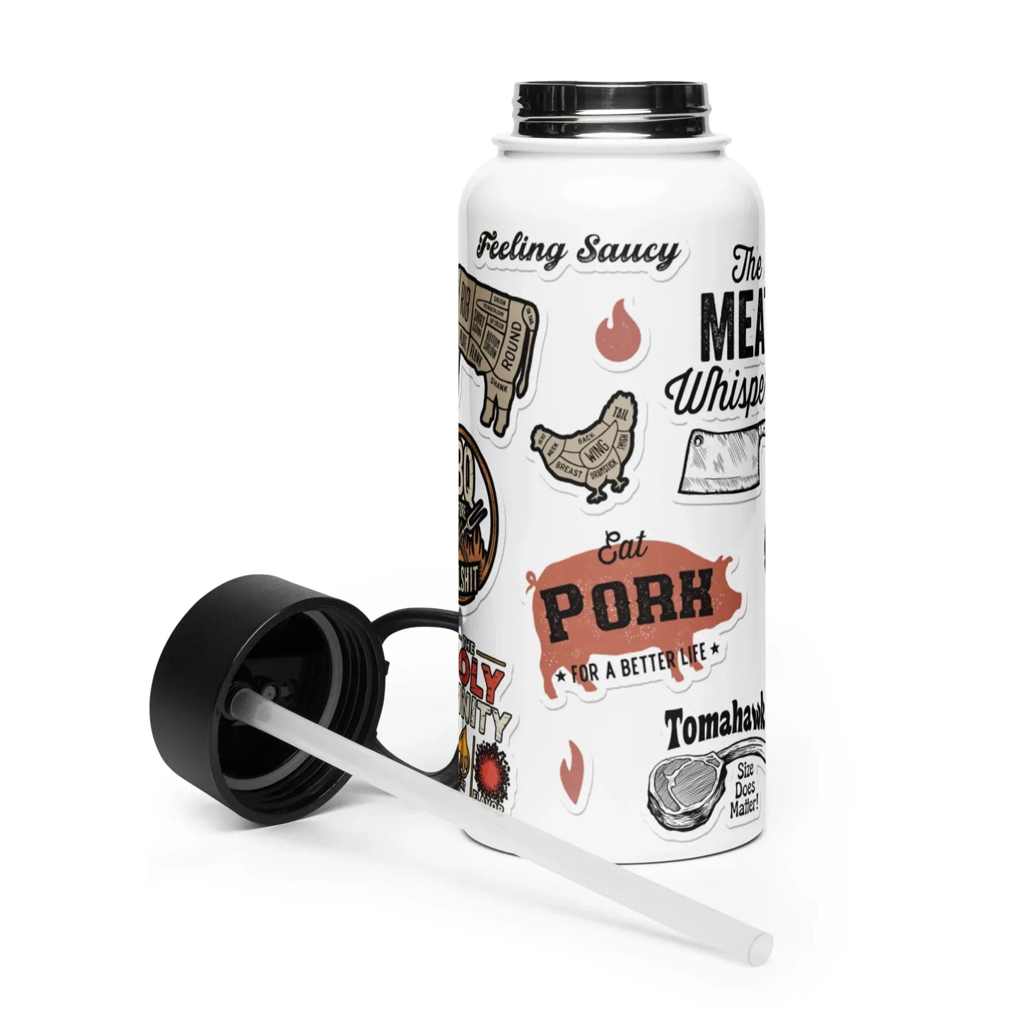 BBQ Sticker Style Stainless steel water bottle with a straw lid - Odd Chef