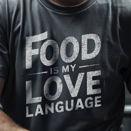 Person wearing a black cap with 'Odd Chef' logo and a gray t-shirt with 'Food is my Love Language' text.