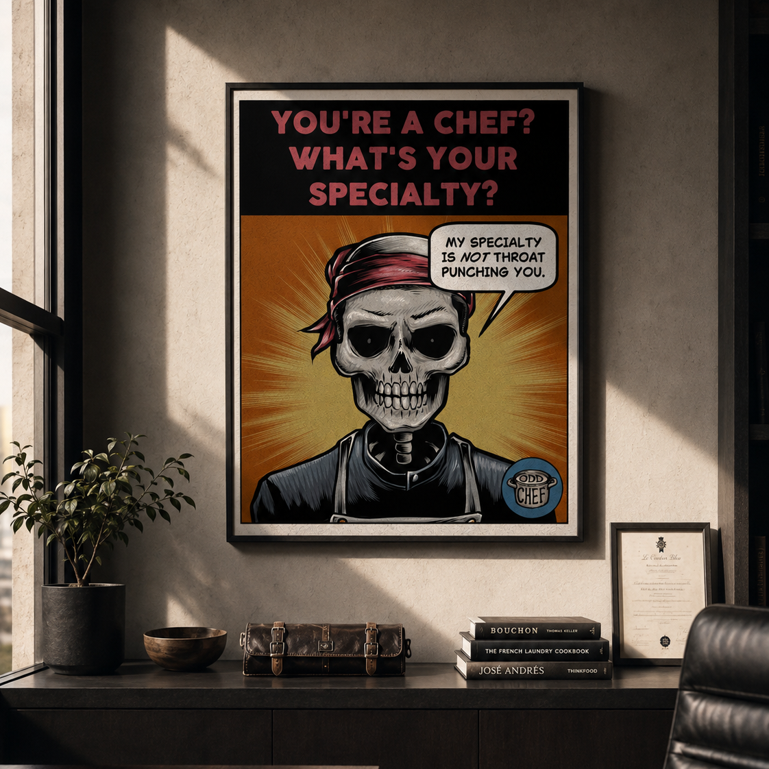 A framed kitchen-themed wall art print hangs on a dark wall above a desk in a modern office setting. The print features a cartoon skull chef wearing a red bandana with the text 'YOU'RE A CHEF? WHAT'S YOUR SPECIALTY?' and a speech bubble reading 'MY SPECIALTY IS NOT THREAT PURCHASING YOU.
