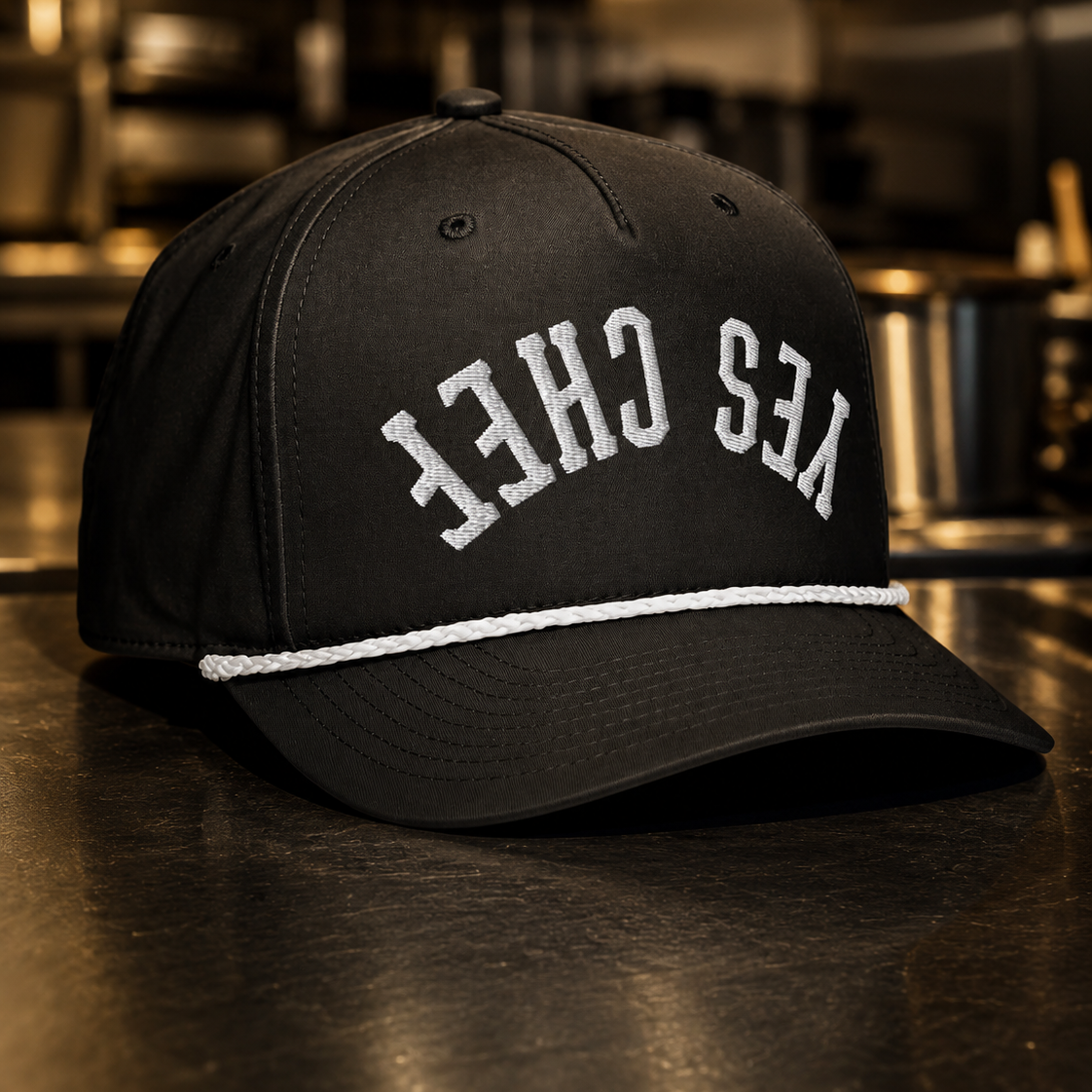 A black baseball cap with white embroidered text reading 'YES CHEF' on the front, resting on a dark countertop with a blurred kitchen background.