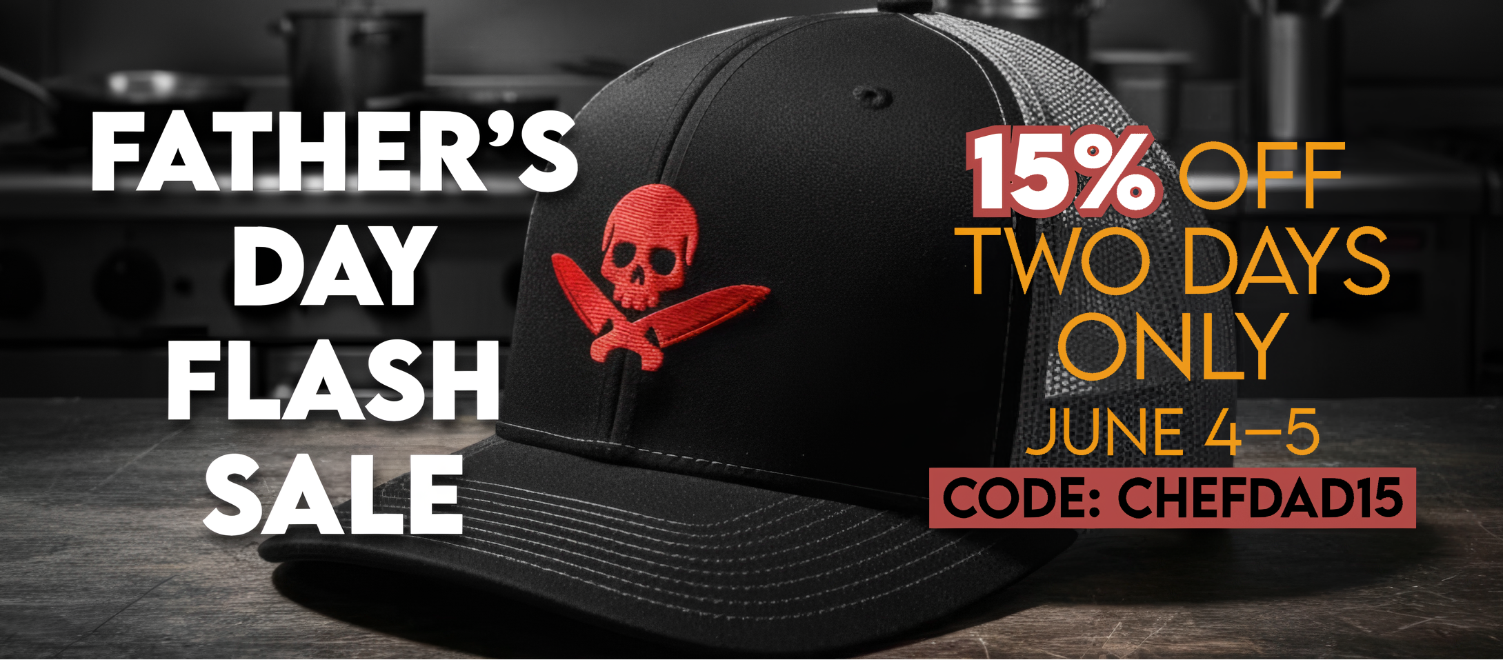Black cap with red skull design on a dark background, Father's Day flash sale text overlay.