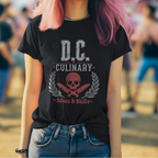 Person wearing a black t-shirt with 'D.C. Culinary' design, standing outdoors with blurred background