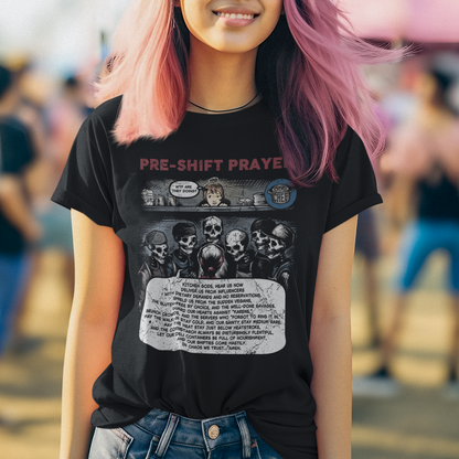 Person with pink hair wearing a black t-shirt with graphic design and text.