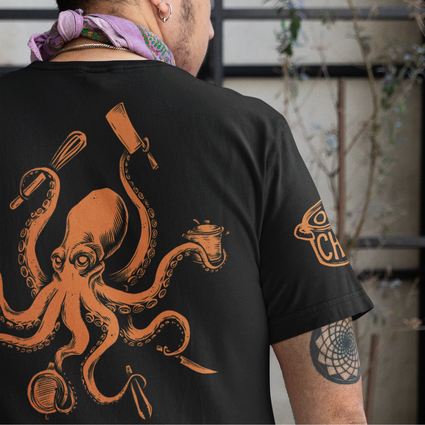 BACK PRINT Chef Octopus Orange Unisex Tee