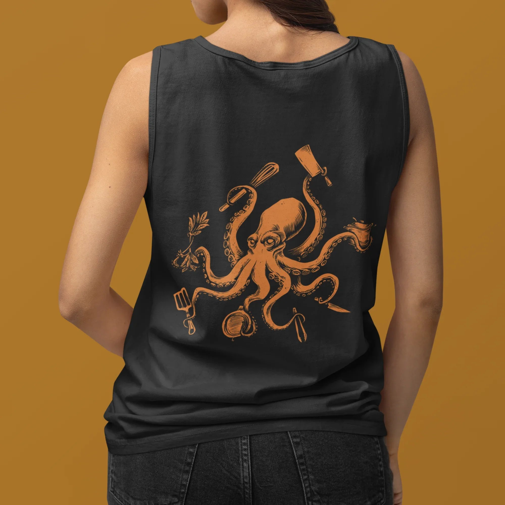 Chef Octopus Orange BACK PRINT Premium Unisex tank