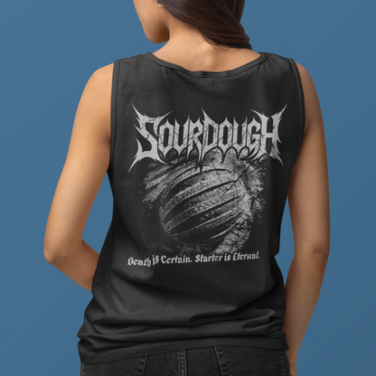 A woman shown from the back wearing a black sleeveless tank top with a large white 'Sourdough' band graphic and distressed text on the back, against a solid blue studio background.