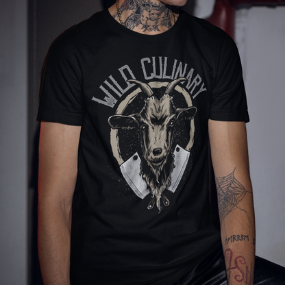 Person wearing a black t-shirt with a goat graphic and 'Wild Culinary' text.
