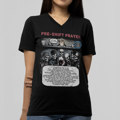 Person wearing a black t-shirt with graphic design and text on a plain background