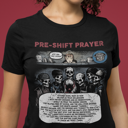 Person wearing a black t-shirt with 'Pre-Shift Prayer' graphic design on a red background