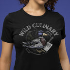 Person wearing a black t-shirt with 'Wild Culinary' graphic design featuring a duck and cleaver.