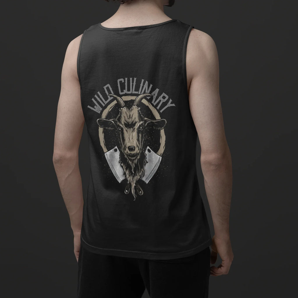 Person wearing a black tank top with a graphic design on the back against a dark background