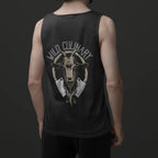 Person wearing a black tank top with a graphic design on the back against a dark background