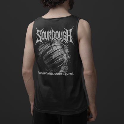 A man viewed from behind wearing a black sleeveless tank top with a large white 'Sourdough' band graphic and text on the back, paired with black shorts against a dark gray studio background.