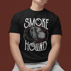Person wearing a black t-shirt with 'Smoke Hound' design on a brown background