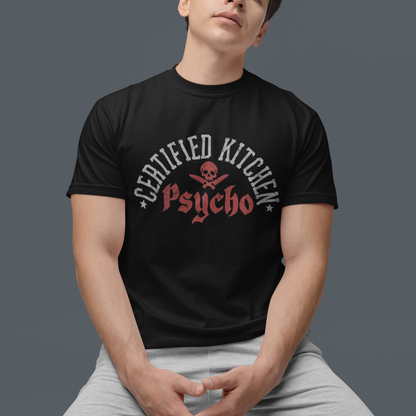 Person wearing a black t-shirt with a graphic design on a gray background