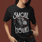 Person wearing a black t-shirt with 'Smoke the Hound' graphic design on a brown background