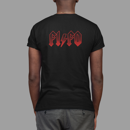 A man viewed from behind wearing a black t-shirt with a red 'FISCO' band logo printed across the upper back, paired with gray pants, against a solid gray background.