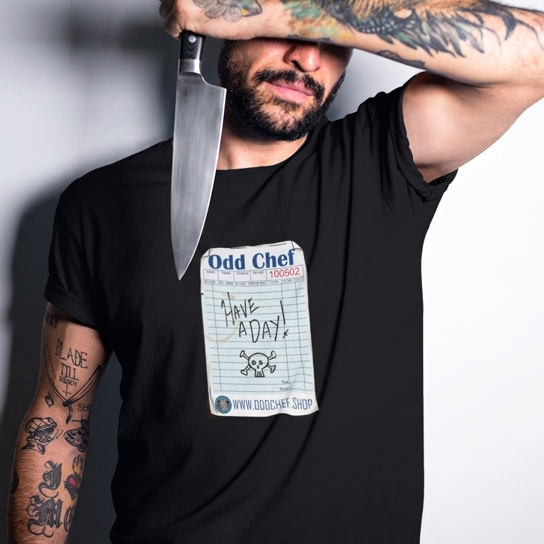 Man holding a knife over his face wearing a black t-shirt with a visible brand logo.