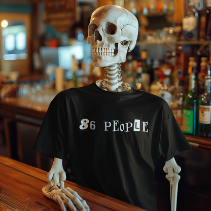 Skull wearing a black t-shirt with '86 PEOPLE' text in a bar setting