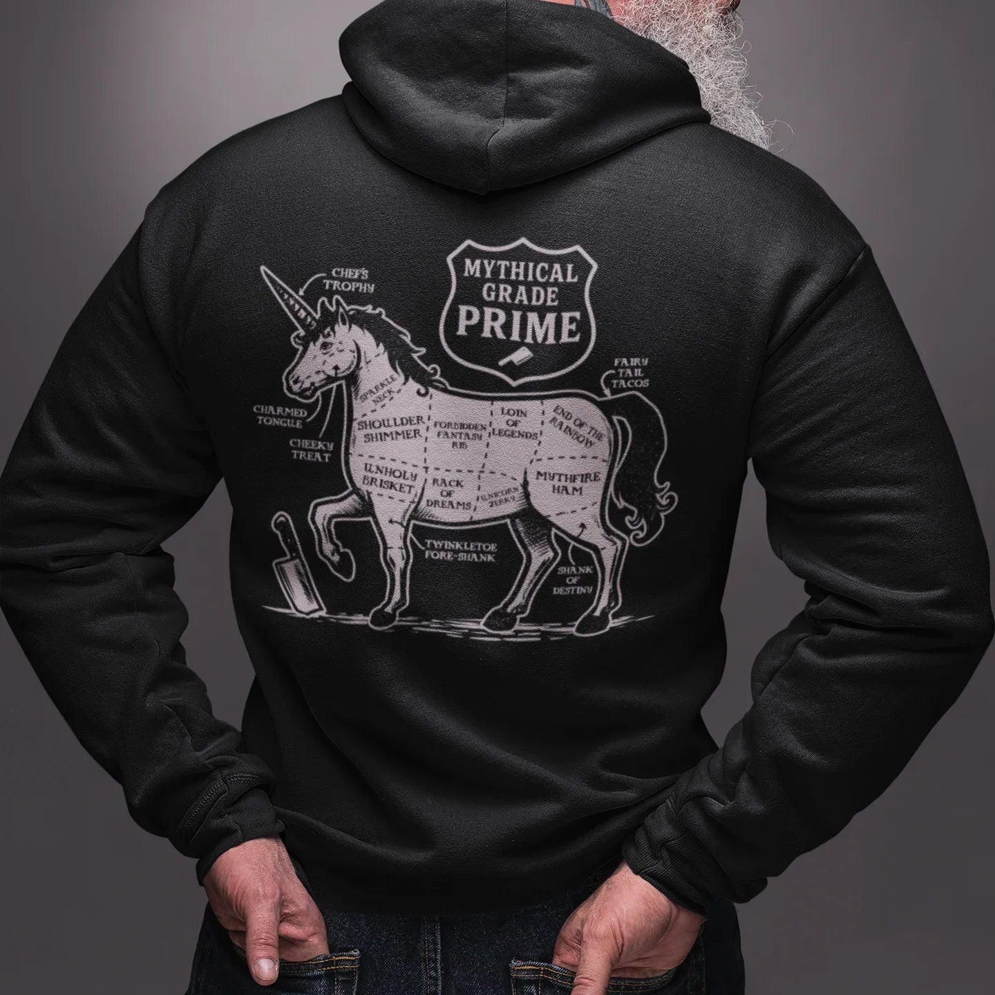 Person wearing a black hoodie with a graphic design on the back, standing against a gray background