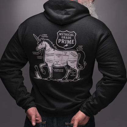 Person wearing a black hoodie with a graphic design on the back, standing against a gray background