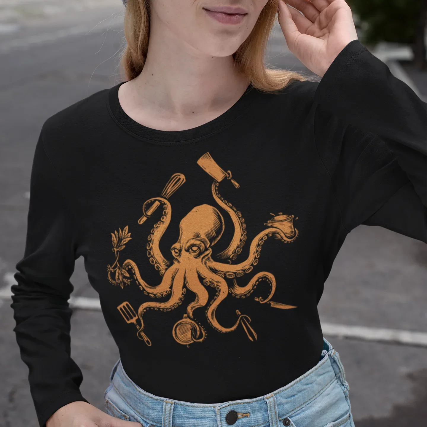 Octopus Chef Orange Unisex Long Sleeve Tee - Odd Chef
