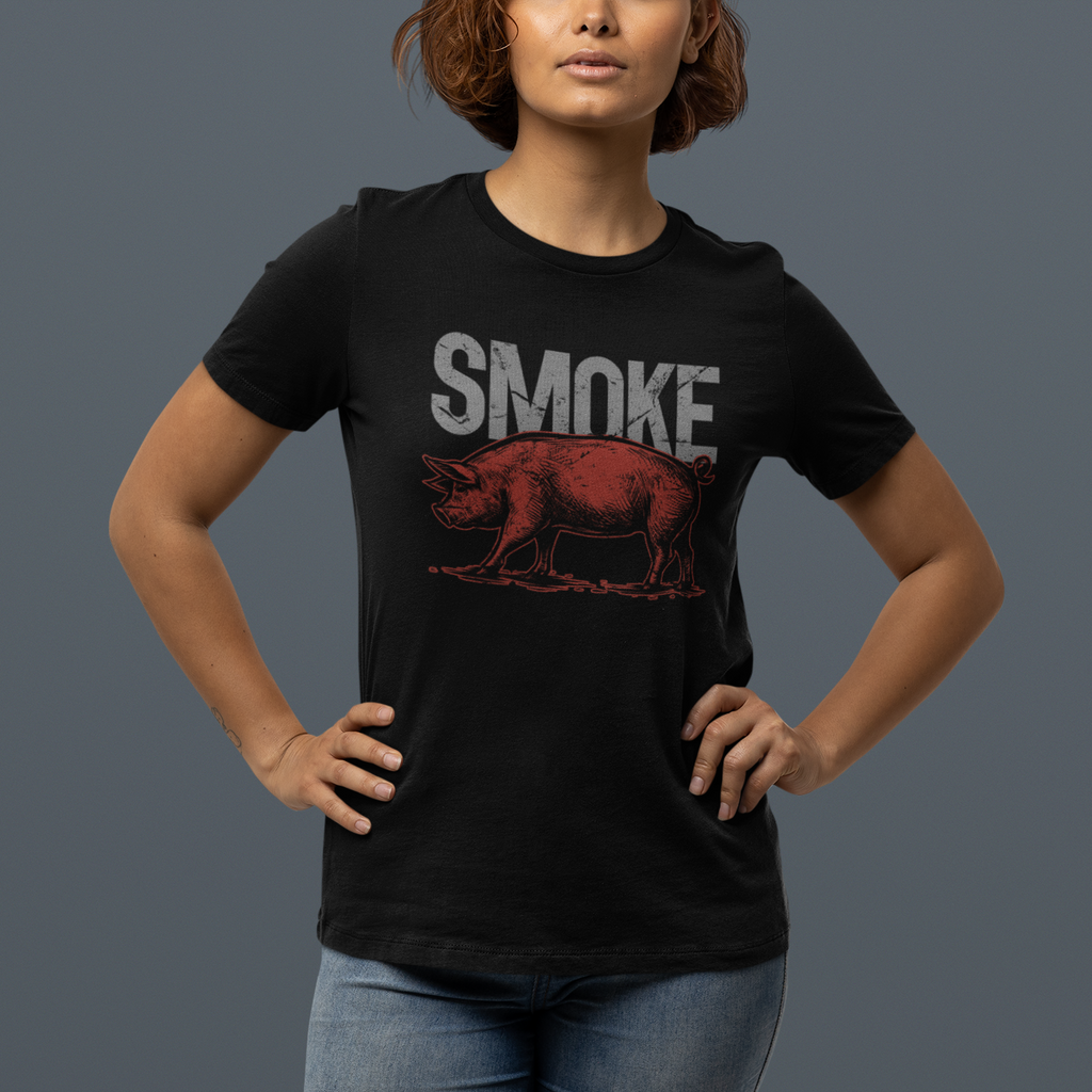 Person wearing a black t-shirt with 'SMOKE' and a bear graphic on a gray background