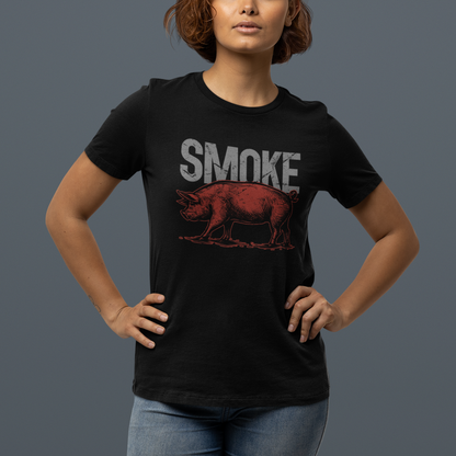 Person wearing a black t-shirt with 'SMOKE' and a bear graphic on a gray background