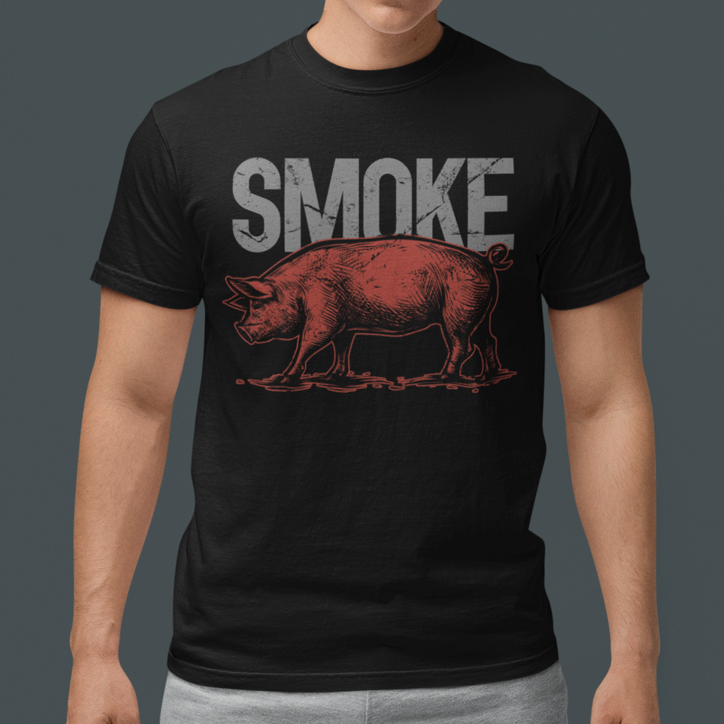 Person wearing a black t-shirt with 'SMOKE' and a graphic design on a dark background