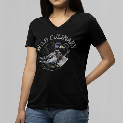 Person wearing a black t-shirt with a duck graphic and 'Wild Culinary' text on a gray background