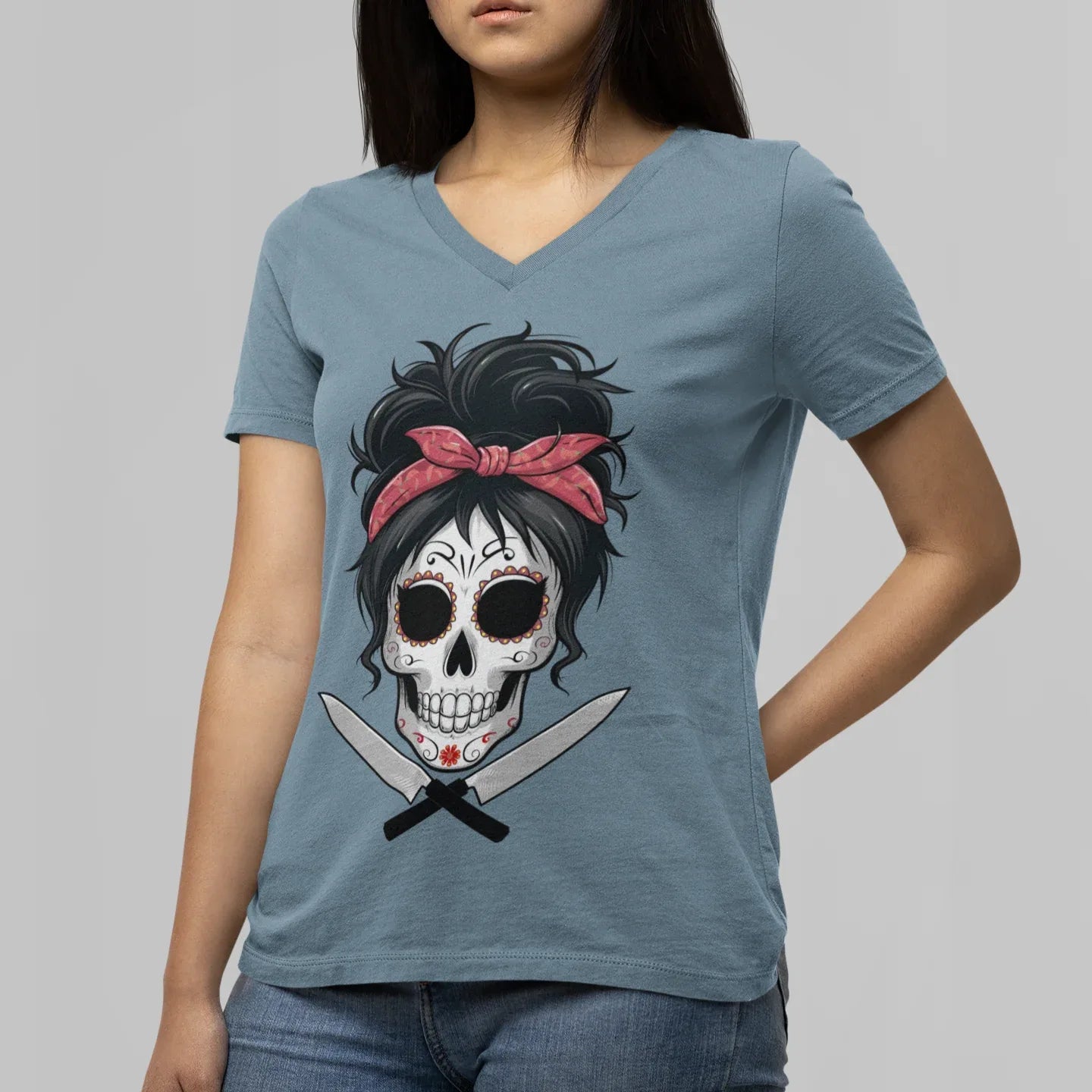 Sugar Skull Chick Women’s Relaxed V-neck Tee - Odd Chef