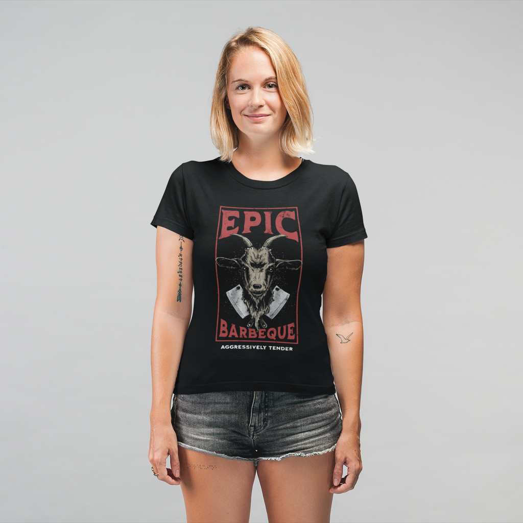 Woman wearing a black t-shirt with 'EPIC BARBECUE' graphic design on a gray background