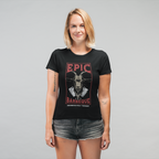 Woman wearing a black t-shirt with 'EPIC BARBECUE' graphic design on a gray background