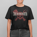 Person wearing a black t-shirt with 'Rendered' design on a gray background