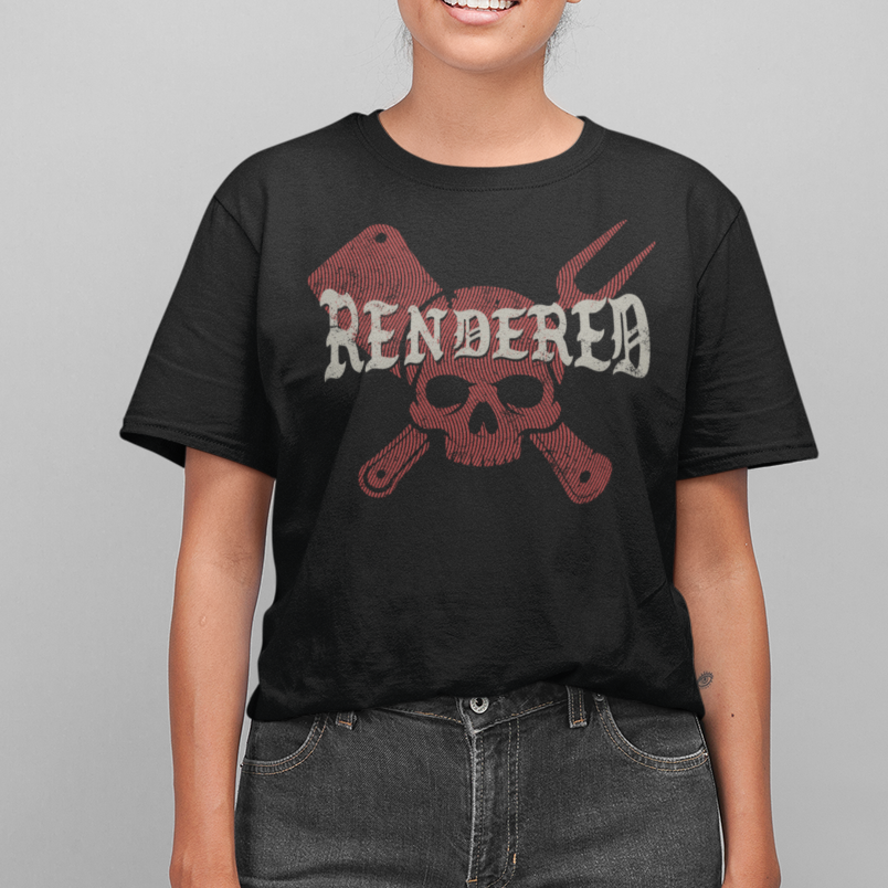 Person wearing a black t-shirt with 'Rendered' design on a gray background