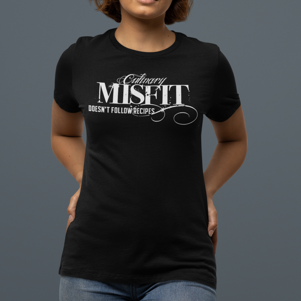 Person wearing a black t-shirt with 'Culinary Misfit' text on a gray background