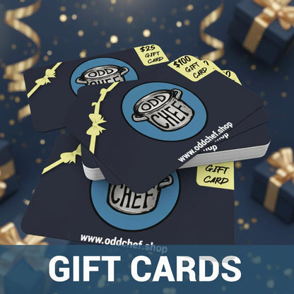 Odd Chef gift cards on a blue background with gift boxes and ribbons.