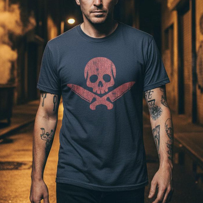 Man wearing a t-shirt with a skull and crossbones design in a dark alleyway.