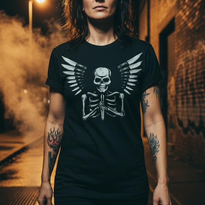 Person wearing a black t-shirt with a skeleton design in an urban alleyway.