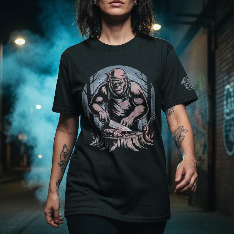 Person wearing a black t-shirt with a graphic design on a street at night.