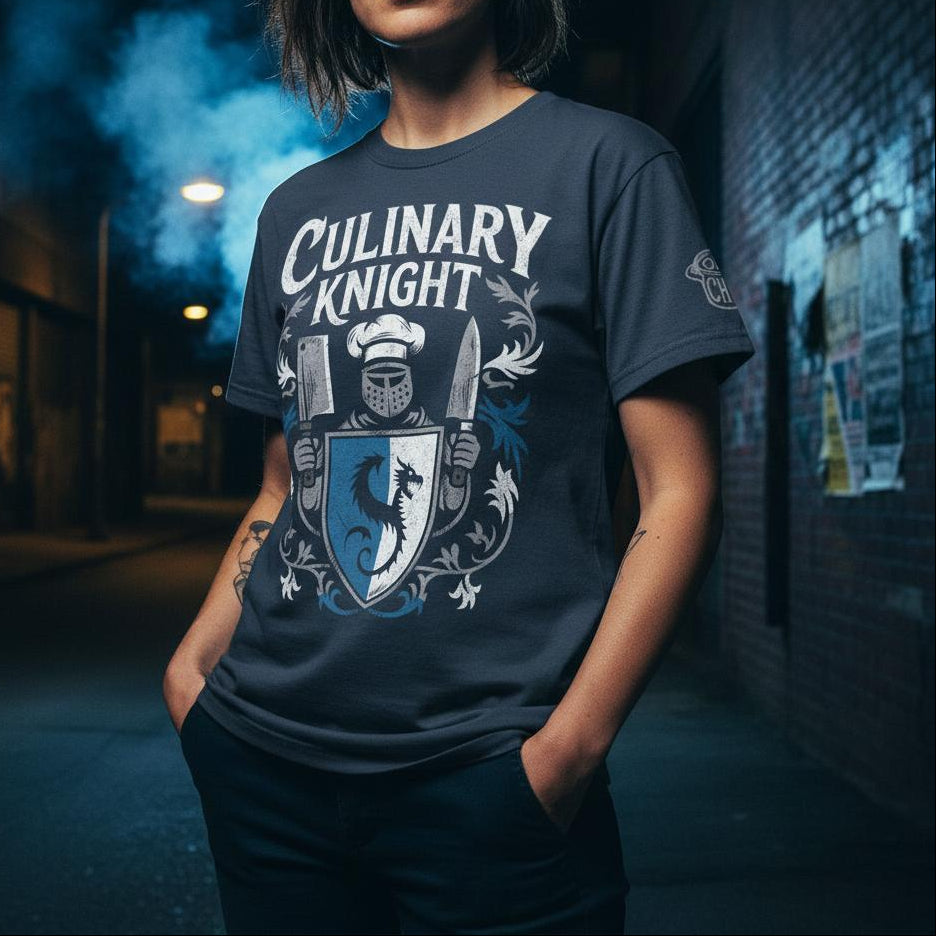 Person wearing a 'Culinary Knight' t-shirt in an urban setting