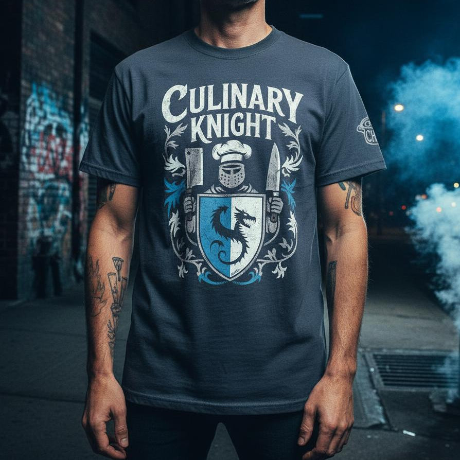 Man wearing a 'Culinary Knight' t-shirt in an urban setting with graffiti.