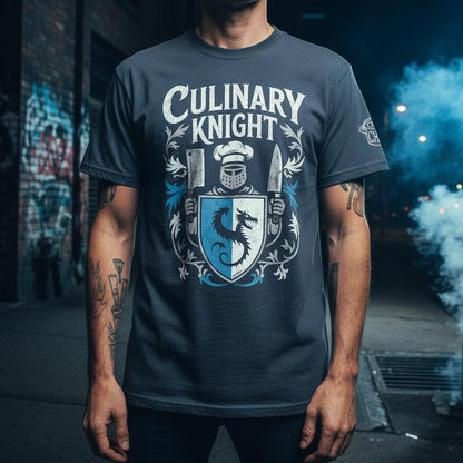 Man wearing a 'Culinary Knight' t-shirt in an urban setting with graffiti.