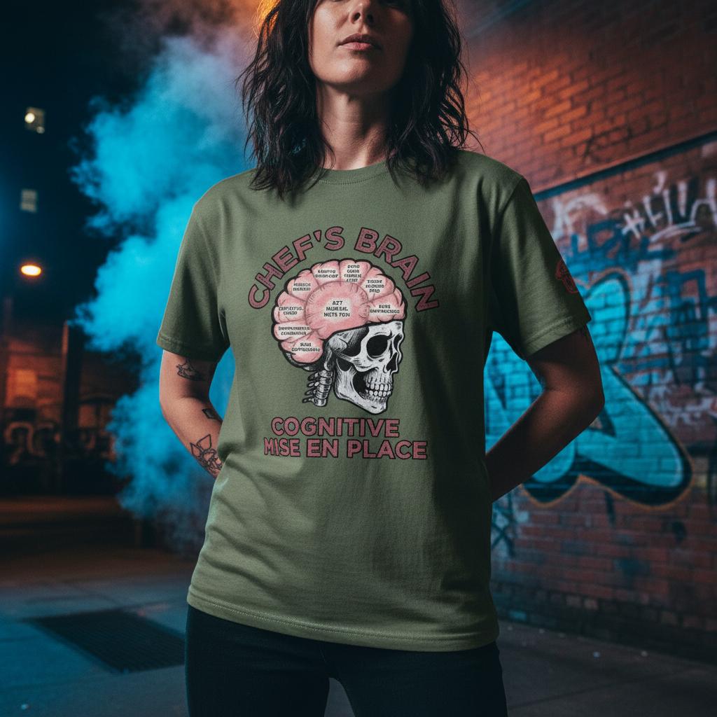 Person wearing a green t-shirt with a graphic design in an urban setting