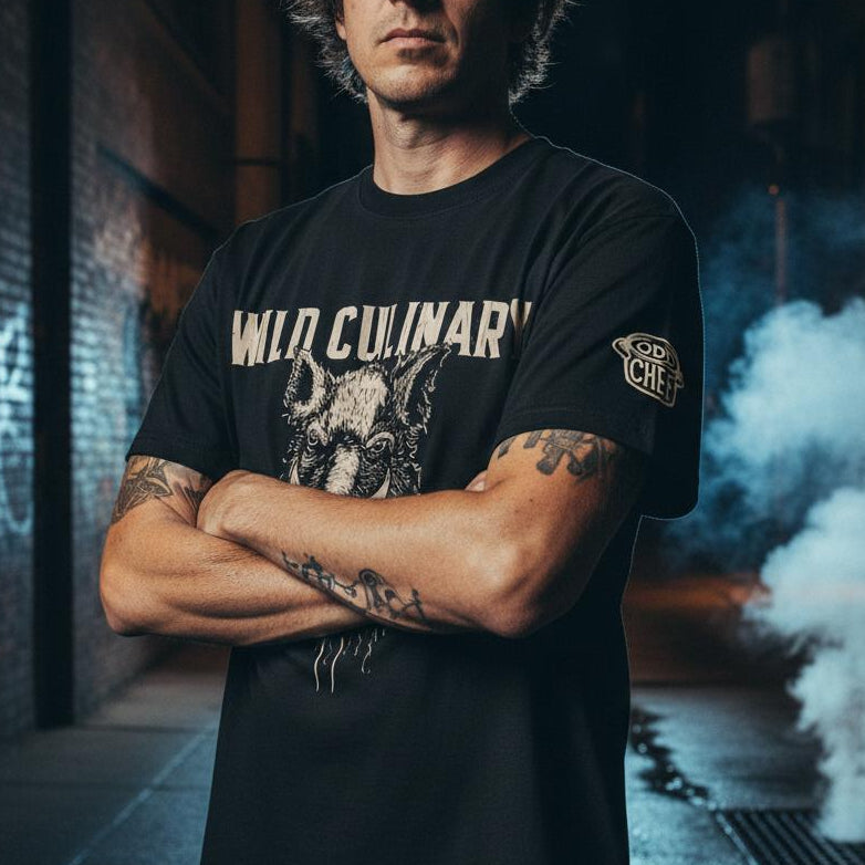 Man wearing a black t-shirt with visible branding in an urban setting