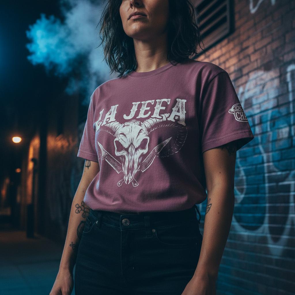 Person wearing a purple t-shirt with 'LA JEFA' design against a graffiti-covered wall.