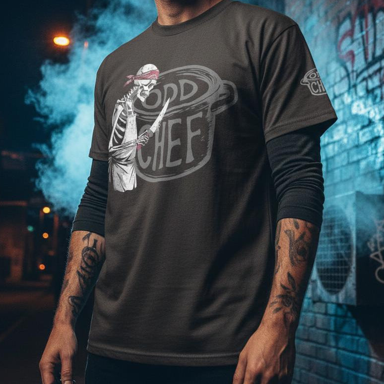 Man wearing a dark t-shirt with a graphic design in an urban setting with graffiti.