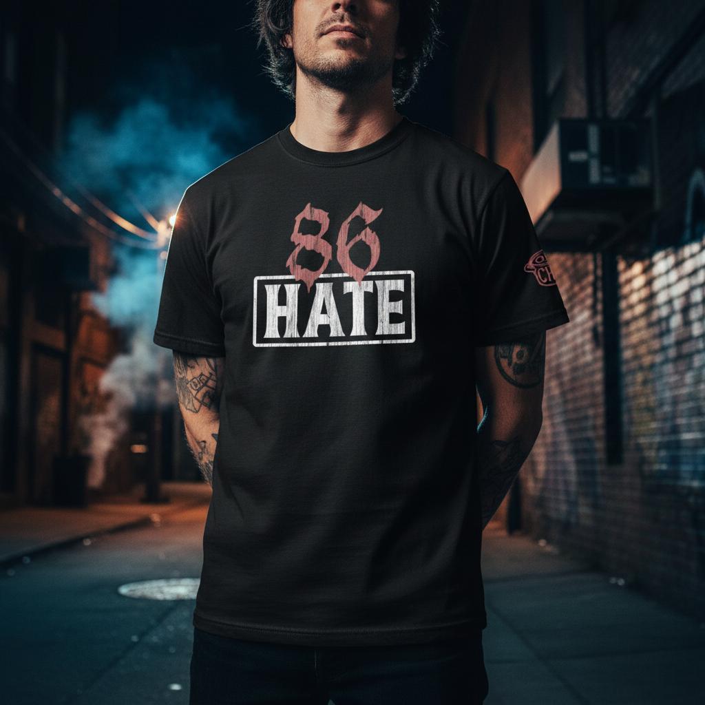 Man wearing a black t-shirt with '86 HATE' design in an urban setting