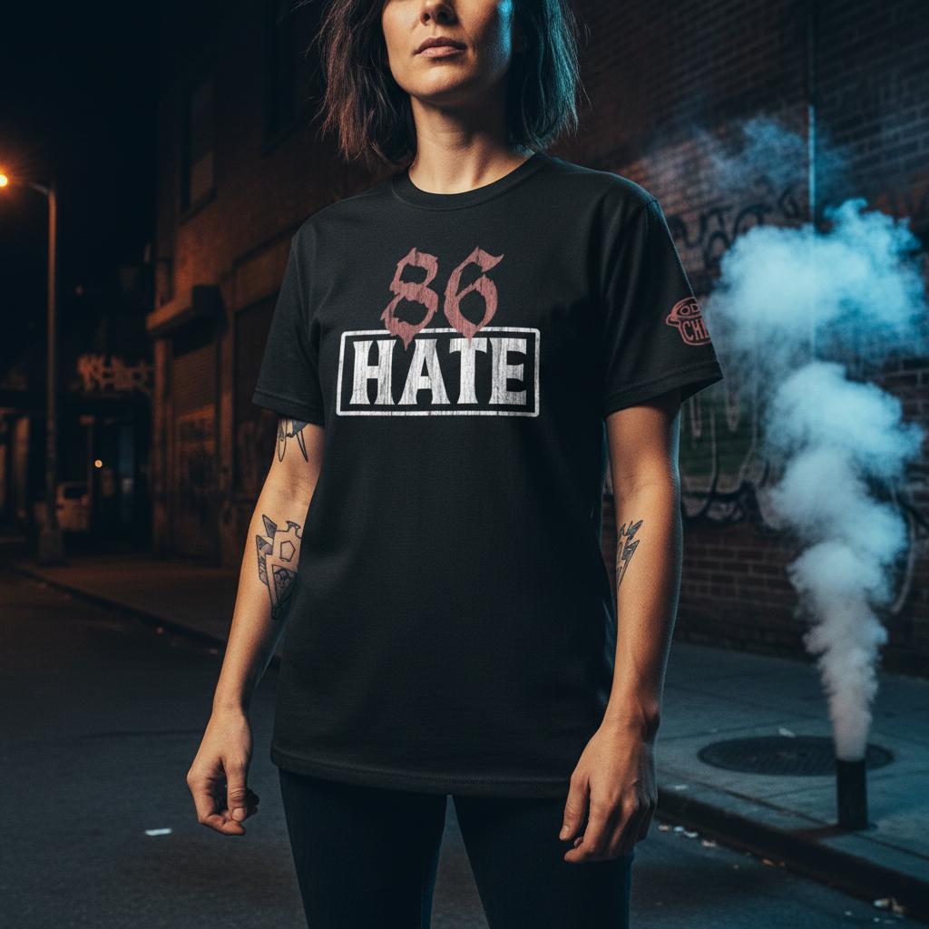 Person wearing a black t-shirt with '86 HATE' text on a dark street with smoke in the background