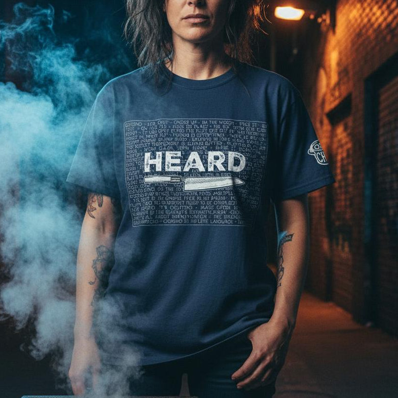 Person wearing a blue t-shirt with 'HEARD' text, standing in a smoky alleyway.